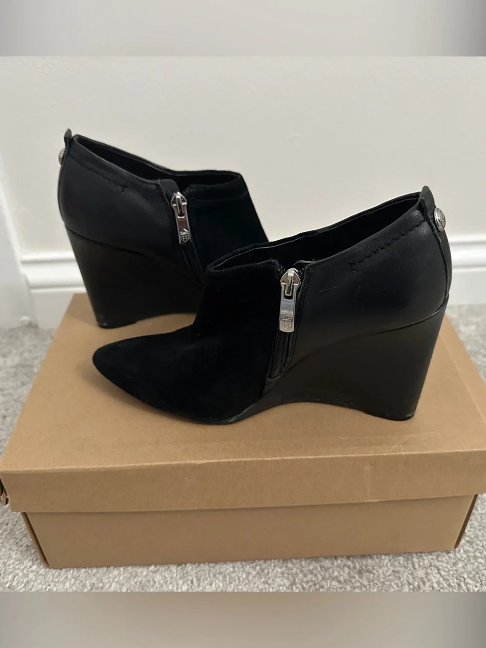 Vince Camuto Black Suede & Leather Wedge Ankle Booties